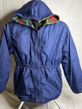 Vtg Women's Waterproof Softshell Blue Rain Jacket w/Hood Fleece Lined Reversible